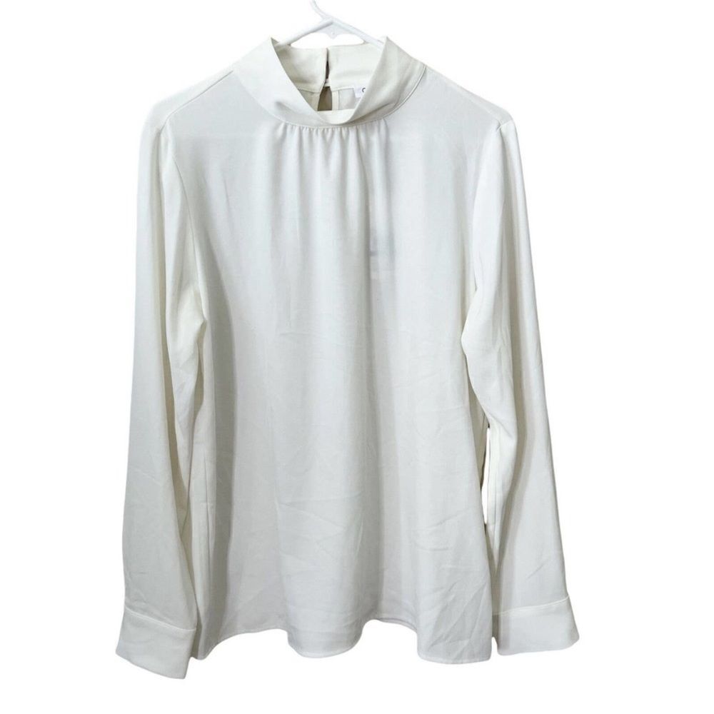 Calvin Klein Womens Mock Neck Blouse Ivory Long Sleeve Button Cuff Stretch L - Picture 4 of 8
